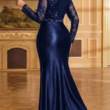 Lady Women's V-Neck Lace Patchwork Pleated Elegant Waist Cinched Long Party Dress - Verde Oscuro - Ver 10