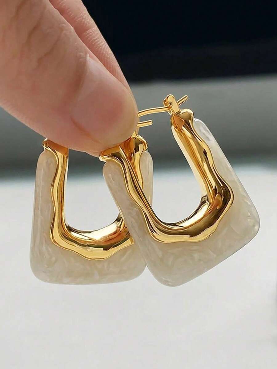 HOTNICE 1 对简约耳环，日常佩戴 - 白色 - 查看 1