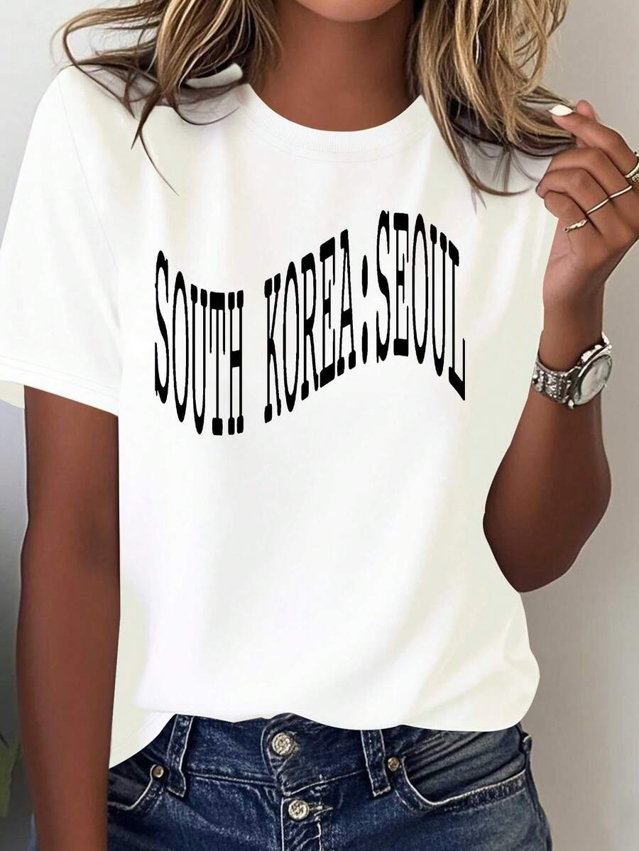 Camiseta de Mujer con Estampado en Coreano "SOUTH KOREA SEOUL" - 100% uste C￳modo, Ropa Casual para Fans del K-Pop, Letras Blancas y Texto Koreano, Uso Todos los Meses, Lavable a M£quina, Inspir por el Drama Asi£tico (Regalo I para Amantes de la Cultura Korea) - Talla Rel, Sin Transparencia, Estilo Global, Dise￱o Audaz Rojo y , ﾡPerfectara Admiradores del K-Pop!