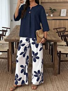 Conjunto de camisa de unicolor y pantalones con estampado floral para vacaciones - Azul marino - Ver 4