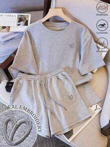 Conjunto informal de 2 piezas de mujer con estampado digital de rayas, cuello redondo y mangas cortas, regalo para amigos - Gris 2 - Ver 4