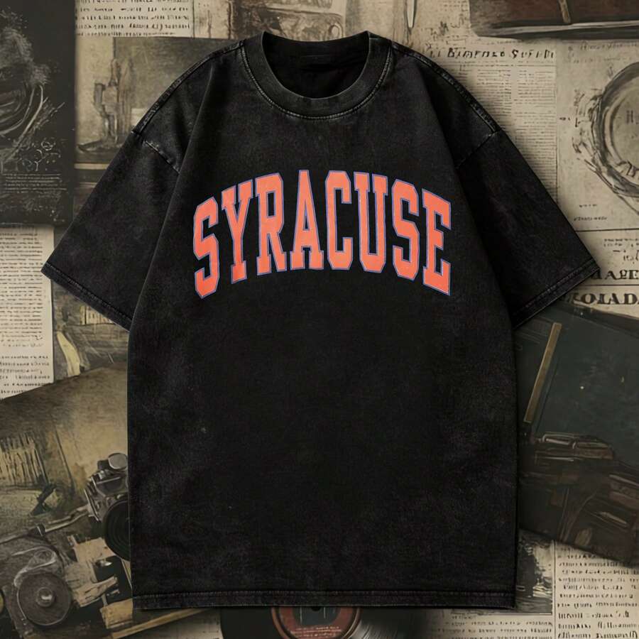 Vintage Washed Syracuse Varsity Graphic T-Shirt, Retro College Sports Inspired Tee, Y2K Aesthetic Summer Tops, Casual Loose Short Sleeve Tees - màu đen - Xem 1