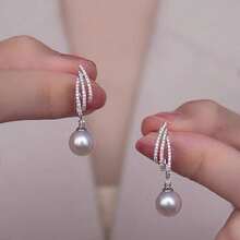3-Row CZ Curved Pearl Drop Earrings | Luxury Bridal Earrings | Formal Occasion Jewelry For Women,Jewellery,Accessories - Silver - View 5