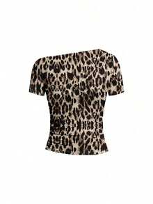 Camiseta de moda de manga corta con hombros oblicuos y ajustada de unicolor para mujer, verano - Multicolor 6 - Ver 8