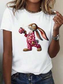 1 T-Shirt Women's T-Shirt With Pajama Rabbit Print And Lettering, Standard Size - 白色 - 查看 1