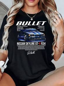 Auto deportivo azul con franjas blancas que simboliza velocidad libertad y pasión por la conducción reflejando la energía urbana y el poder del motor camiseta de mujer casual moderna cómoda para uso diario - Negro - Ver 8