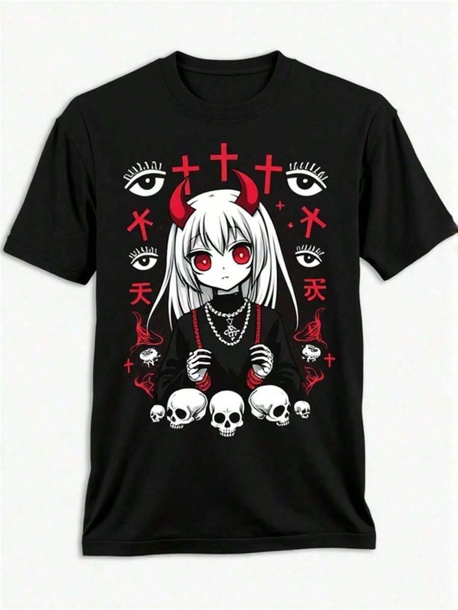 Camiseta Gráfica de Anime para Hombre - Camiseta de Tela Suave y Elástica con Diseño de Ojos Rojos - Camiseta Gótica de Anime para Cosplay, Ropa Casual - Top Elástico Lavable a Máquina para Fanáticos del Manga y Eventos Temáticos - Ropa de Anime Oscura y Atrevida para Adultos, Traje de Cosplay, Estampado Audaz, Construcción Duradera, Camiseta de Manga Corta, para Entusiastas del Cosplay - Negro - Ver 1