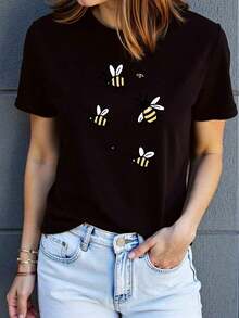Camiseta de manga corta con estampado de abeja - Camiseta de manga corta suave, transpirable y de secado rápido con diseño de colmena y abeja, blusa casual de cuello redondo para uso casual de verano al aire libre, lavable a máquina, All-TeeLeisure - Negro - Ver 1