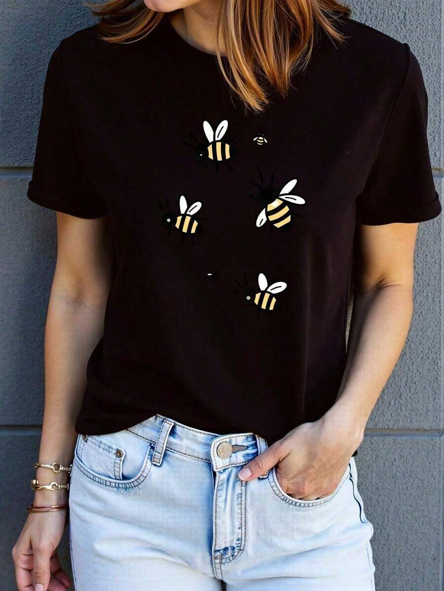 Camiseta de manga corta con estampado de abeja - Camiseta de manga corta suave, transpirable y de secado rápido con diseño de colmena y abeja, blusa casual de cuello redondo para uso casual de verano al aire libre, lavable a máquina, All-TeeLeisure - Negro - Ver 1