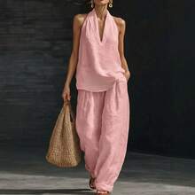 Women's Plus Size Two-Piece Suit With V-Neck And Straps, Made Of A Linen And Cotton Blend, Ideal For The Office And Summer, Current Fashion - 粉色 - 查看 4