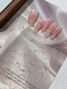 1片金色线条美甲贴纸，水晶点缀美甲贴花，法式美甲配件 - 金色 - 查看 4