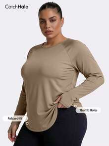 Plus Size Women Long Sleeve Sports Top With Thumb Hole, Loose Breathable Moisture-Wicking Athletic T-Shirt - Khaki - View 6