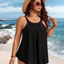 Swim Lushore Plus Size Women 2pcs Solid Color Mesh Patchwork Tummy Slimming Casual Vacation Tankini Swimwear For Summer Beach Vacation - Rojo - Ver 6