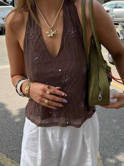 Look Polly Y2K Women's Deep Brown Halter Backless Top, Beaded Floral Embroidery V-Neck Sleeveless Casual Vacation Style