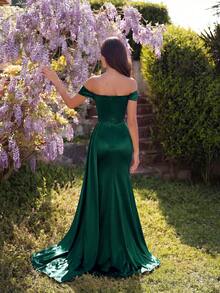 ADYCE Đầm dạ hội dài thanh lịch một vai cổ tim xếp ly eo ruy băng dài xẻ tà trước cho tiệc khiêu vũ dạ tiệc dạ hội sinh nhật hẹn hò buổi tối đám cưới - Màu xanh lá cây đậm - Xem 2