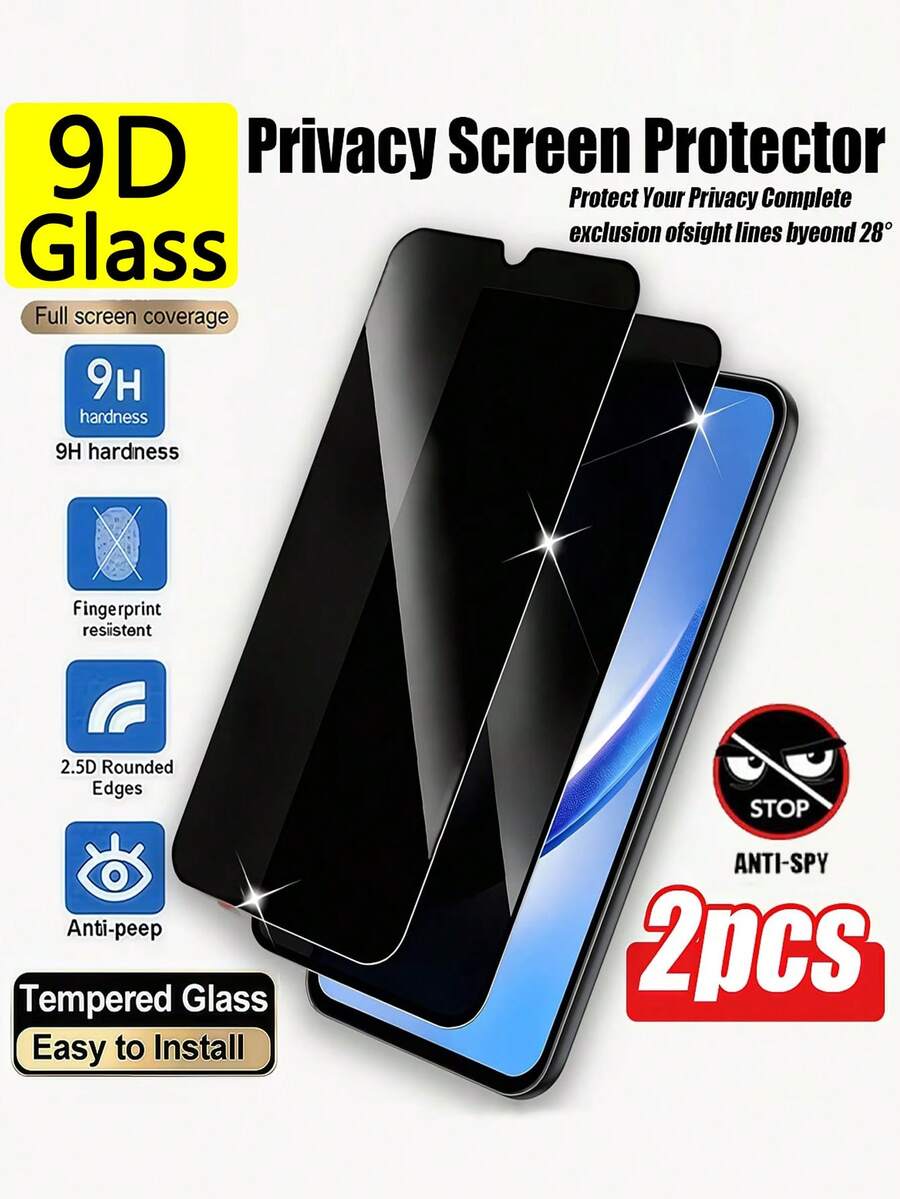 适用于三星 Galaxy A51 A52 A53 A54 A56 A13 A14 A15 A16 A23 A24 A25 A26 A32 A33 A34 A35 A36 A37 A57 的 2 片装隐私钢化玻璃屏幕保护膜。黑色隐私玻璃,适用于公共交通/办公室/地铁等场所,防止他人窥视。 - 黑色 - 查看 1