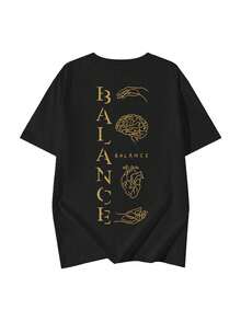 This Black Loose Drop-Shoulder Tee Features BALANCE Letter And Line Art Prints. Retro American Style, Slimming And Comfy For All-Day Casual Summer - Black - View 2
