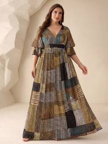 SUPGIR Plus Size V-Neck Random Watercolor Patchwork Print Waist Pleated Long Flowy Chiffon Maxi Dress, Spring/Summer - Multicolor - View 4