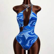 Summer Beach Marble Print Cut Out One Shoulder One Piece Swimsuit - Dorado - Ver 5