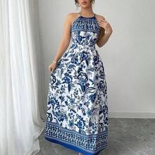 Women's Elegant Fashion Charming Beach Resort Casual Vacation Sleeveless Halter Waist Cinched Floral Print Maxi Dress (Random Floral Print) - Azul y blanco - Ver 6
