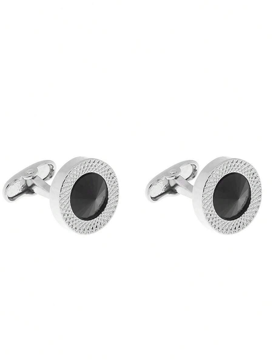 Bộ 1 đôi khuy măng sét và kẹp cà vạt bằng kim loại tròn đính đá sapphire lấp lánh dành cho nam giới.