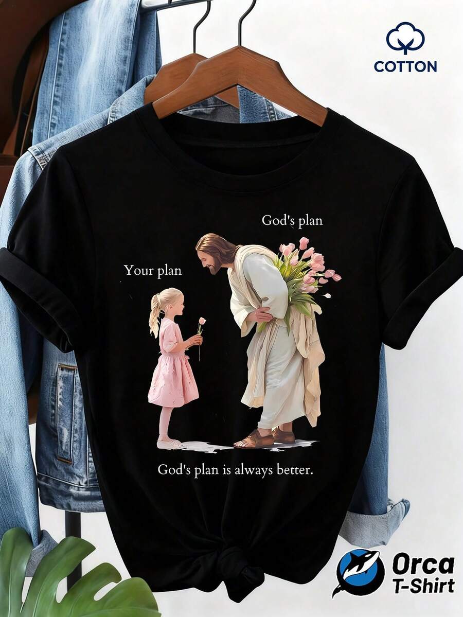Camiseta de algodón 1ps con estampado floral de Jesús y niña, temática religiosa, top de manga corta holgado para mujer, ropa casual para uso diario, diseño moderno y sencillo, camiseta de algodón marca Orca 2026. - Negro - Ver 1