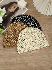 1 chiếc mũ len dệt kim đính sequin kiểu Pháp cổ điển, kiểu dáng rộng rãi thoải mái cho khu nghỉ dưỡng/bãi biển/hàng ngày, mũ tai bèo móc rỗng dành cho nữ, thích hợp đi biển, du lịch. - Nhiều màu - Xem 10
