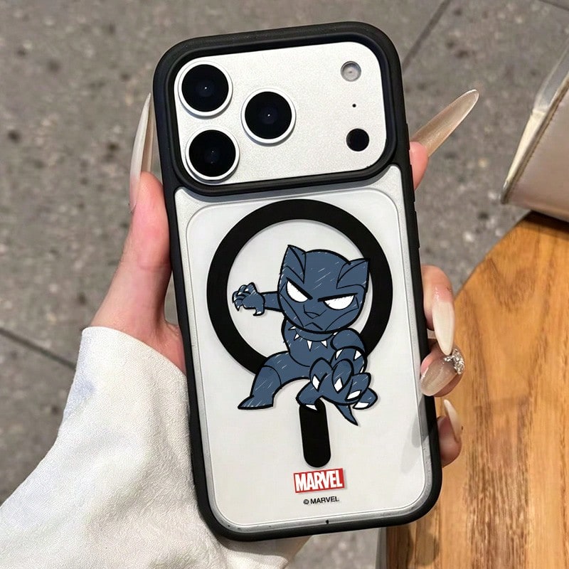 Miniso 漫威蜘蛛人美國隊長黑豹卡通男款magsafe磁吸充電適用於iphone17promax/17pro/air/16promax/15plus/14/13/ip17/15pro/12pro/16plus綠巨人格魯特學生黨防摔保護套相容apple - 黑色 - 查看 1