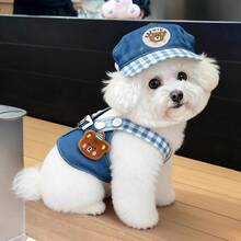 Bộ đồ denim kèm dây dắt thú cưng, áo nịt cho mèo tương thích với dây dắt, trang phục mùa hè ngoài trời cho mèo và chó, quần áo mùa hè thoáng khí cho mèo, áo khoác đi dạo ngoài trời cho mèo và chó. - Xanh và trắng - Xem 6