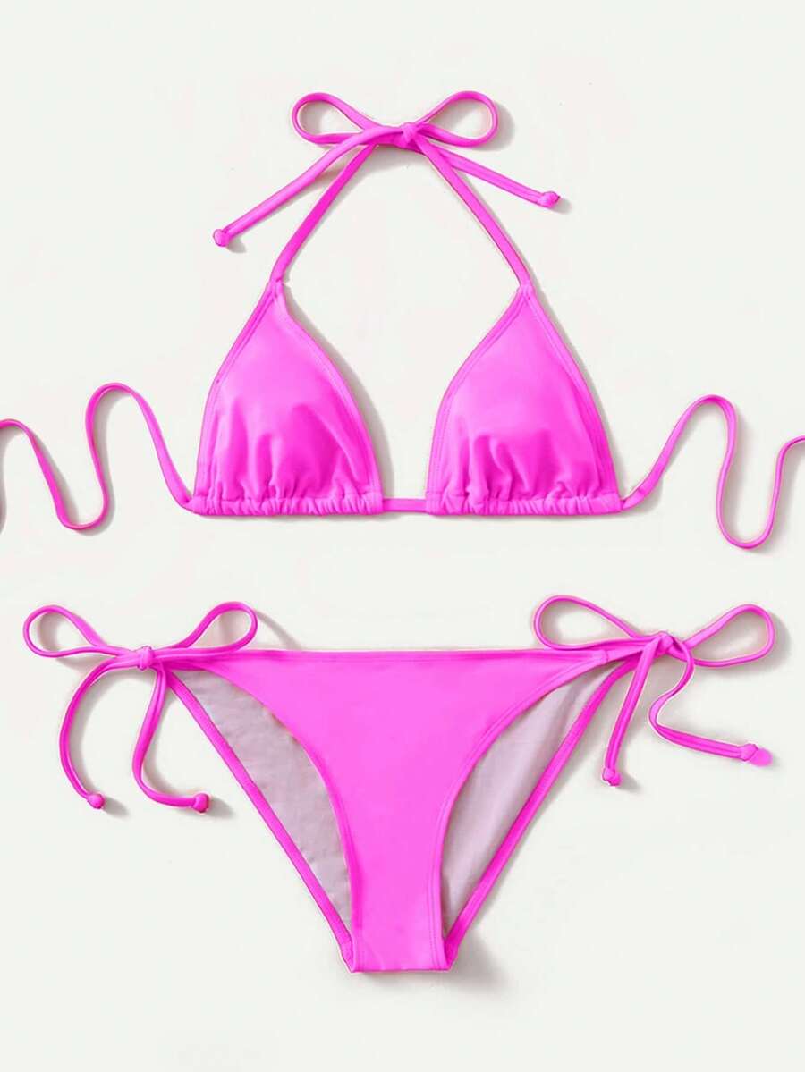 Women's Simple Solid Color Swim Bikini With A Halter Neck And Cutout, Suitable For Beach Vacations And Summer. - Fuchsia Pink - View 1