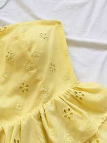 Blusa amarilla casual de verano estilo peplum sin espalda con lazo para mujer, look casual para vacaciones, almuerzo o de regreso a clases - Amarillo claro - Ver 7