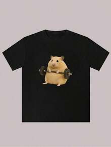 Camiseta casual para hombre con estampado de hámster |   Color liso, cuello redondo, corte regular, lavable aáquina, para amantes de los animales - Blanco - Ver 6