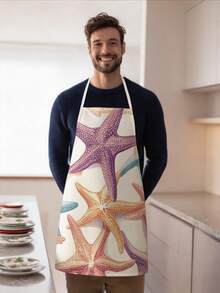 1 pieza, Delantal de poliéster con estampado de estrella de mar, concha, medusa y pez, adecuado para cocinar, hornear y jardinería - se puede usar como vestimenta para la cocina y el comedor. - Multicolor - Ver 8