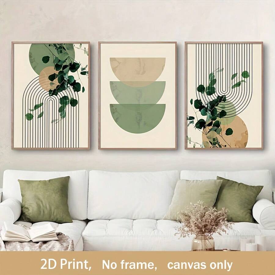 3pcs Unframed Boho Green Plant Eucalyptus Leaf Geometry Graphic Art Poster - Retro Canvas Print For Modern Wall Decor In Living Room And Home,2D Flat - A - View 1