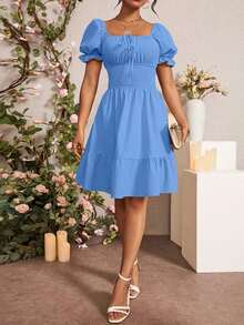 Vestido de manga abullonada con volantes y nudo delantero para el verano, ropa para Año Nuevo - Azul - Ver 6