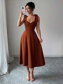 elegante y romántico para mujer con lazo decorativo en la cintura y corte evasé sin mangas - Cafetería - Ver 6