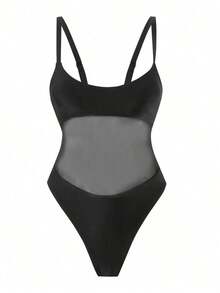 Traje de baño de una sola pieza para mujer con diseño de unicolor, tirantes, parches de malla, sexy y con recortes, estilo bohemio para festivales - Negro 2 - Ver 4