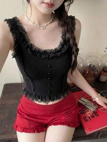 Áo hai dây nữ viền ren cài phía trước, kiểu dáng lãng mạn ngọt ngào phong cách đường phố, không tay, ren xếp nếp, cúc ngọc trai, ôm sát, áo vest dệt kim ngắn màu đen mùa hè - màu đen - Xem 4