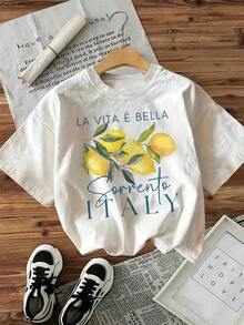 1 Pc White Round Neck Shirt With Lemon Letter Print Graphic, Casual Minimalist Style, Fresh, Suitable For Spring, Summer, Autumn, Outdoor Casual Wear. 180g 100% Cotton. The Patterns Are All Printed. Unisex. - 白色 - 查看 6