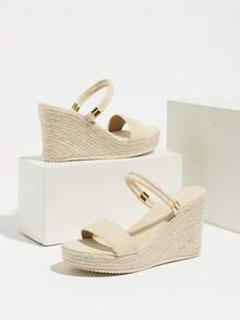 Women's Wedge Thick Bottom Sandals, Woven Straw Rope, Minimalist Strap Two-Way Wear Round Toe High Heel Slides,Summer Sandals - Apricot - View 8