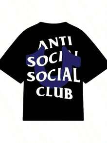 % algodón, camiseta impresa del club antisocial, adecuada para uso diario, esencial para atuendos de verano fáciles, regalo perfecto, camiseta cómoda de manga corta para deportes al aire libre, regalo de vacaciones, camiseta suelta, casual y versátil. - Negro - Ver 6