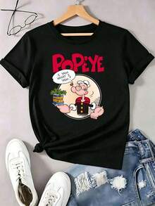 Women's Black Cotton T-Shirt With A Retro Cartoon Character Print Featuring Red Lettering And The Phrase "I Yam What I Yam." A Nostalgic And Eye-Catching Style, Ideal For Everyday Wear, Casual Outings, And Summer Looks. Suitable As A Gift. Women's T-Shirt. Blouses > Elegant. Boho Chic. Exquisite Printed Crew Neck T-Shirt For Women, Ideal For Various Seasons, Perfect For Vacations, Travel, And Holidays. - 黑色 - 查看 6