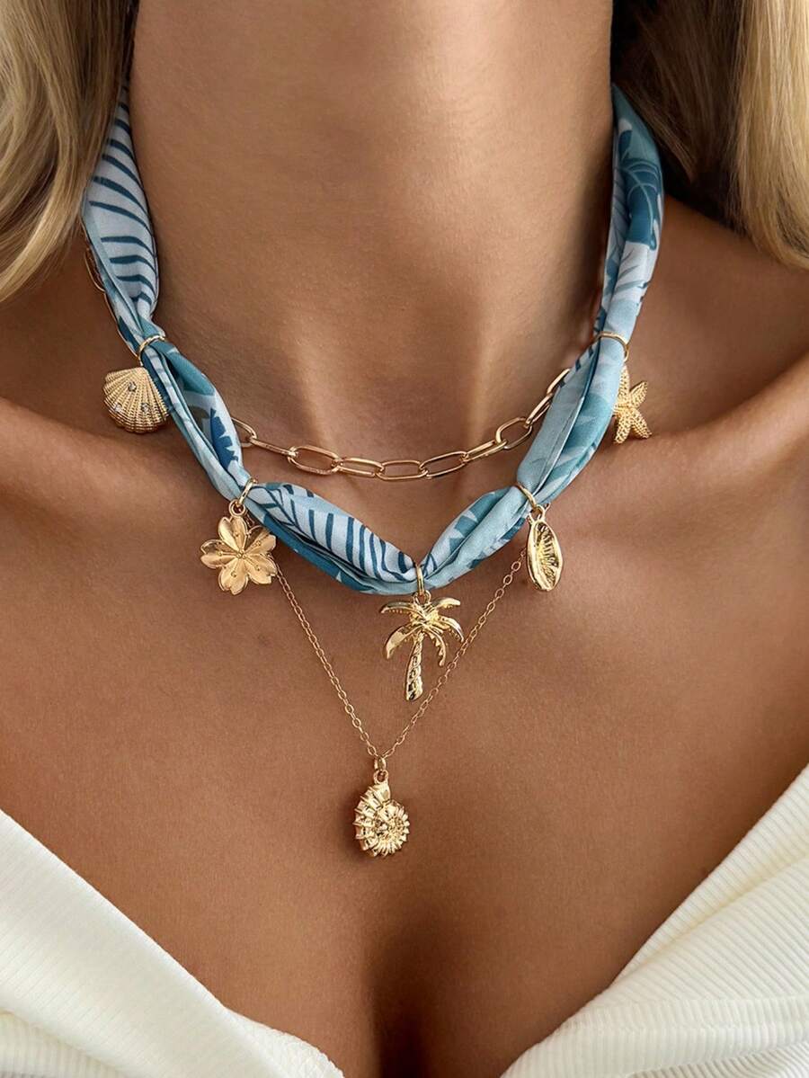 Bộ trang sức nữ thời trang đa năng kiểu dáng đại dương hình sao biển và vỏ sò, dây chuyền khăn in họa tiết ngọt ngào và cá tính - Trang sức quyến rũ sang trọng dành cho nữ, phù hợp để đeo hàng ngày và dự tiệc. - Nhiều màu - Xem 1