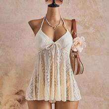 Women's Floral Lace Front Tie Halter Beach Dress With Bikini Bottom - Blanco - Ver 2