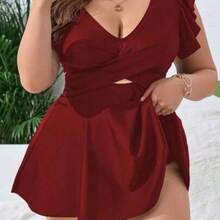 Swim Lushore Plus Size Women Solid Color Ruched Casual Beach Dress - Burdeos - Ver 1