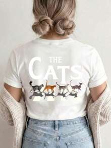 HERARIUM [Double-Sided Print] Women's T-Shirt, Casual Short-Sleeve Round Neck Top With Zebra Cross Design And The Word CATS Printed On Top, Washable, Suitable Casual Wear, Versatile Garment, Comfortable Material, For Fashion Enthusiasts - 白色 - 查看 3