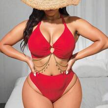 Swim  Plus Size Women Holiday Beach O-Ring Chain Bikini Set For Summer Beach Vacation - Dorado - Ver 4