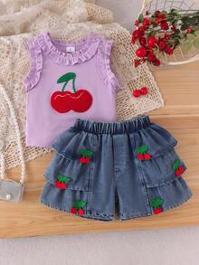 2pcs/Set Young Girl' Vintage Cute Frill Trim Cherry Embroidered Tank Top + Denim Skirt Summer Outfit - Lilac Purple - View 3