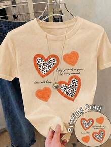 Amiam Bmian New Short-Sleeved Crew Neck T-Shirt For Women, Spring/Summer Design, Perfectly Combining Modern Lettering And A Heart Print, Breathable And Sweat-Wicking. Direct Shipping From Our Local Warehouse, Couples' Style, Ideal For Wearing Together. - 橘色 - 查看 1