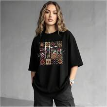 Camiseta de mujer versátil de estilo juvenil y casual, estampada, de manga corta, corte holgado, estilo europeo y americano, estilo Hong Kong, 100% algodón, vintage. - Negro - Ver 3